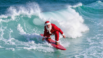 Santa Claus riding a wave on surfboard
