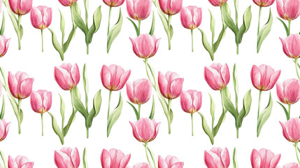 Obraz premium Seamless floral pattern featuring hand drawn watercolor pink tulips with green stems and leaves on a crisp white background decorative design