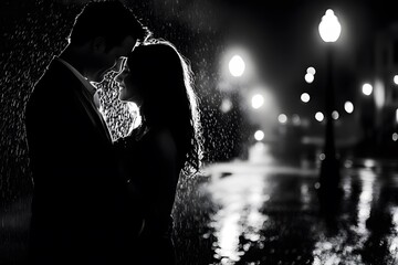 Obraz premium black and white silhouette of the couple in the night with the rain and the street lights, representing love, romance and intimacy