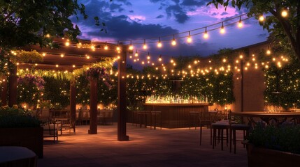 Naklejka premium Outdoor Bar with String Lights at Dusk, Creating a Cozy and Inviting Atmosphere for Relaxing Evenings