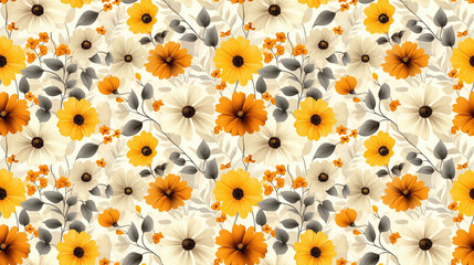 Obraz premium Modern motley floral seamless pattern featuring vibrant yellow beige and brown flowers ideal for textile design and home decor