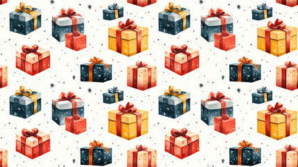 Seamless pattern of hand painted multicolored gift boxes on a white background perfect for festive and cozy design projects