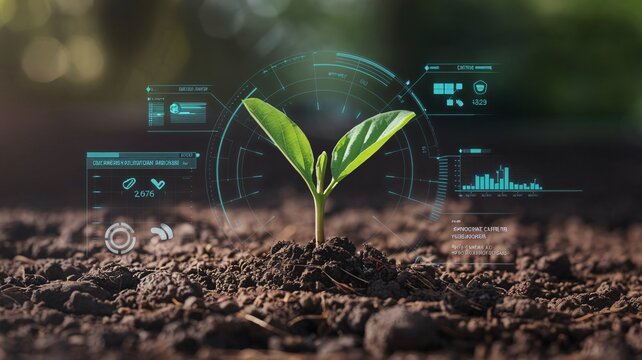 Smart Agriculture:  A young sprout emerges from fertile soil, surrounded by digital interfaces, symbolizing the intersection of technology and nature.