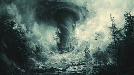 Fototapeta premium A dramatic scene captures a massive tornado merging with turbulent waters, surrounded by dark trees, This image can be used for climate change, natural disaster articles, or dramatic art projects,