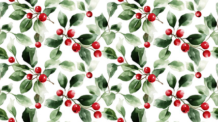 Hand painted seamless pattern of mistletoe on a white background perfect for festive holiday designs