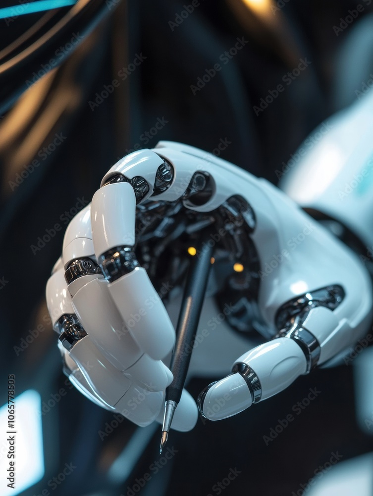 Leinwandbilder the robotic prosthetic hand expertly holds a pen, showcasing advanced technology and precision in an