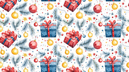 Naklejka premium Seamless watercolor pattern featuring festive Christmas gifts twinkling lights and colorful ornaments perfect for holiday themed designs