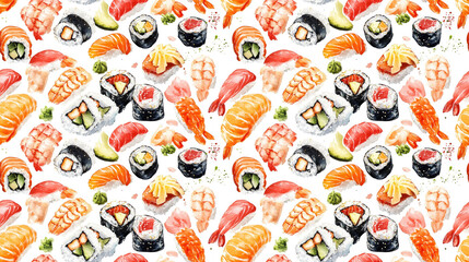 Colorful watercolor heart shaped pattern featuring various nigiri sushi rolls ginger and wasabi on a white background ideal for food themed decor or prints