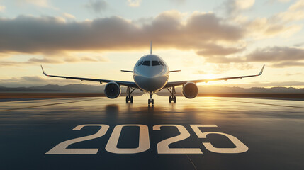 Airplane on runway marked with "2025," symbolizing future travel and aviation industry growth.