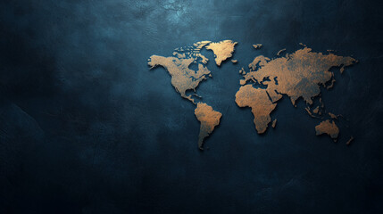 Golden World Map on Dark Textured Background