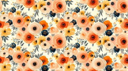 Vibrant seamless floral pattern in watercolor and gouache perfect for wallpaper fabric and packaging design