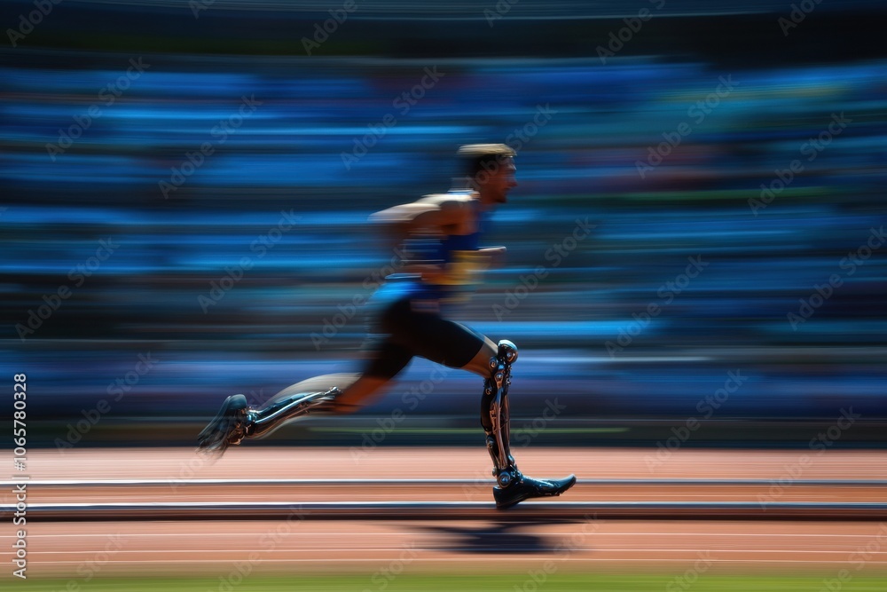 Poster A determined athlete with a prosthetic leg is sprinting at full speed on a track, showcasing skill and strength. Generative AI
