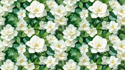 Seamless watercolor pattern featuring gardenia wildflowers ideal for backgrounds textures and decorative borders