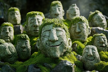 Obraz premium 緑に覆われた石像たちが笑顔を見せる風景は、静寂な森の中に心地よい雰囲気を漂わせている