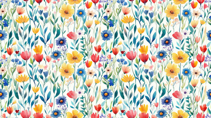 Naklejka premium Vibrant watercolor pattern depicting a blooming meadow in spring filled with wildflowers perfect for textile design