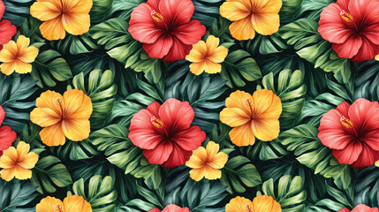 Seamless watercolor pattern featuring red and yellow hibiscus flowers with lush tropical leaves ideal for wedding invitations and greeting cards summer theme
