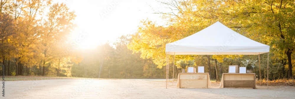 Poster Cozy Autumn Festival Scene with White Tent Amid Glorious Fall Foliage – Perfect for Thanksgiving and Halloween Themes