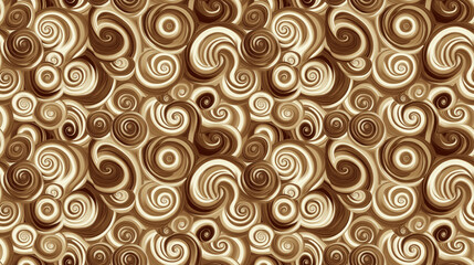 Seamless pattern featuring hypnotic spirals and psychedelic swirls in sepia tones ideal for dyeing fabrics and creating vibrant textile designs
