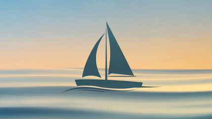 Fototapeta premium A minimalist logo of a sailboat with a single sail on calm sea waters. Yachting sport emblem.