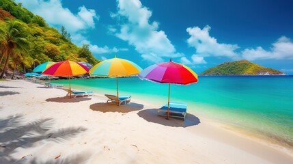 Fototapeta premium Colorful Beach Umbrellas on Tropical Shore