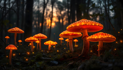 Fototapeta premium Magical forest with glowing mushrooms and fireflies at dusk isolated with white highlights, png