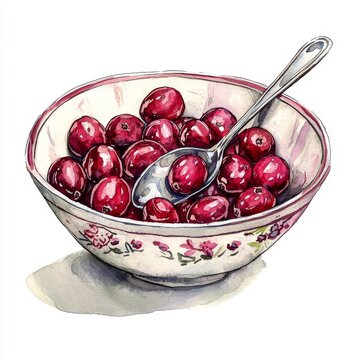 cranberries in bowl with spoon watercolor clip art preview