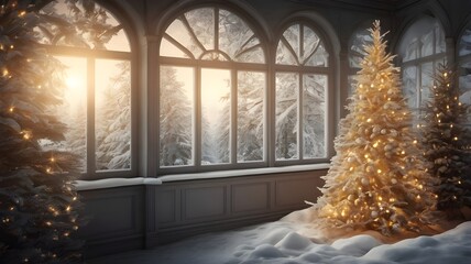 A warmly lit Christmas tree in a cozy room with large frosted windows, overlooking a serene snowy forest at sunrise. Perfect winter holiday ambiance