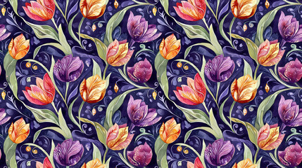 Fototapeta premium Seamless paisley watercolor floral pattern featuring tulips and leaves ideal for ceramic designs and textiles vibrant traditional Indian artistry