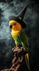 Obraz premium Witch parakeet on branch surrounded by spooky fog wearing a witch's hat