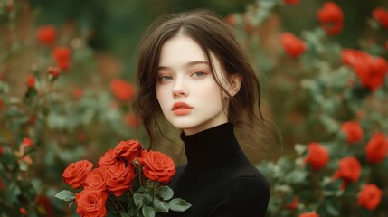 Naklejka premium Capturing the essence of beauty, love, nature, elegance, and youth with a young woman holding vibrant roses in a blooming garden.