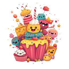 Obraz premium Happy cartoon cupcakes with sprinkles and candy.