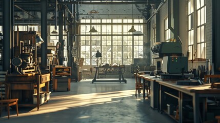 Fototapeta premium Bright and Inviting Factory Workspace, a well-organized industrial setting with ample light, showcasing a positive atmosphere that enhances productivity and employee satisfaction