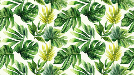 Fototapeta premium Watercolor seamless pattern featuring modern tropical palm leaves perfect for botanical design and vibrant jungle inspired decor