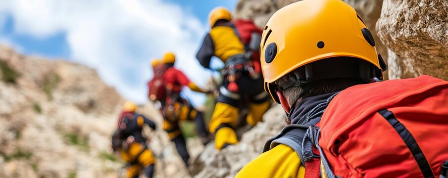 Mountain rescue team rappelling down to aid hiker, rugged scene, skillful coordination