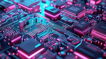 Obraz premium A close-up image of a motherboard with pink and blue circuit lights in the center