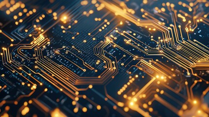   A close-up view of a circuit board with yellow light emanating from its center