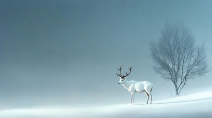 Obraz premium A majestic white deer stands gracefully in a serene winter landscape, surrounded by a soft, ethereal mist and a lone, bare tree. The scene evokes a sense of tranquility, beauty, and the magic of winte