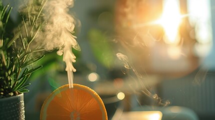 Soft focus on a handheld steamer diffusing a mix of orange peppermint and rosemary scents.