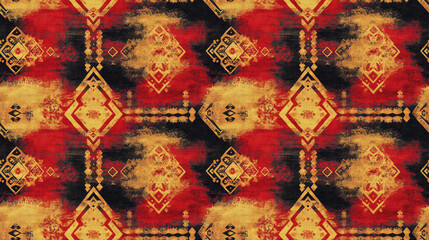 Fototapeta premium Seamless Mexican geometry pattern featuring mystic designs in gold and red artistic tie dye texture for fabric or wallpaper design