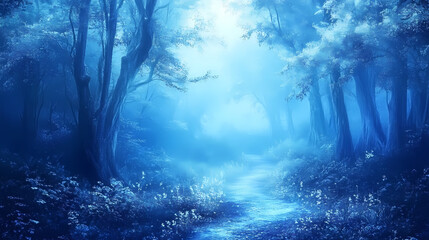 Obraz premium Serene mystical forest scene shrouded in blue mist, inviting exploration and contemplation. Mystical. Illustration