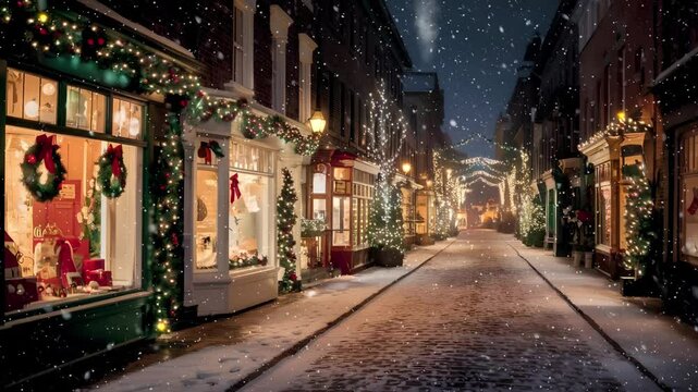 25 December Christmas winter night on a snowy street illuminated by the warm glow of festive lights slowly snow falling 4k. Decorated shops line the road, each window displaying a cozy, inviting scene