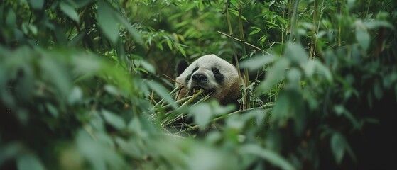 Obraz premium A panda peers from lush bamboo thickets, its gentle eyes framed by verdant greenery, embodying peace and nature.