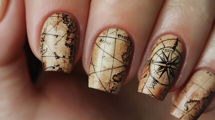 Vintage-inspired nail art featuring world map design for creative fashion and styling concepts