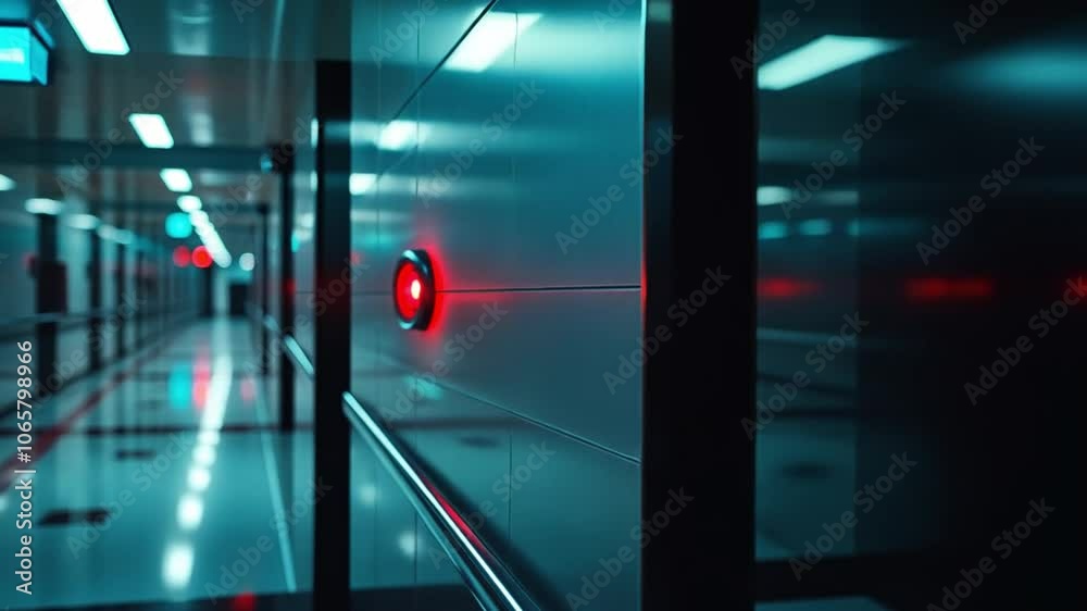 Poster in a modern underground corridor, bright red lights illuminate the space, reflecting off glossy surf