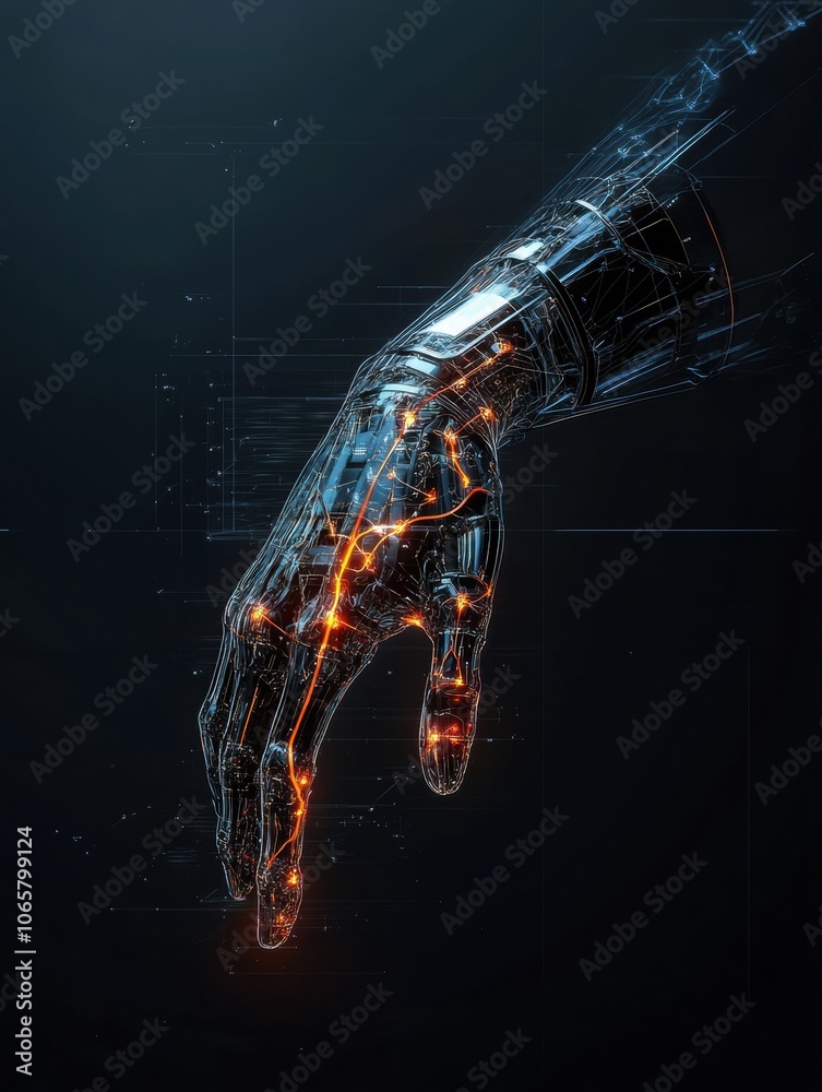 Poster a futuristic prosthetic arm is shown, illuminated by glowing connections that communicate neural sig