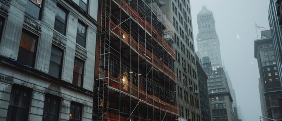 Obraz premium A rainy cityscape with scaffolding embracing a high-rise, veiled in mist, while ambient light glows softly in the distance.