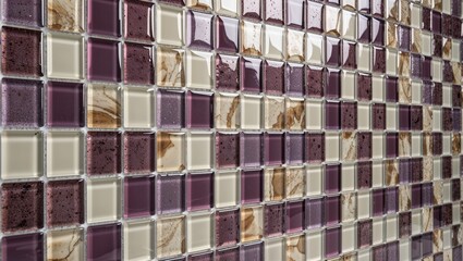 Purple and white mosaic tiles with a brown pattern.