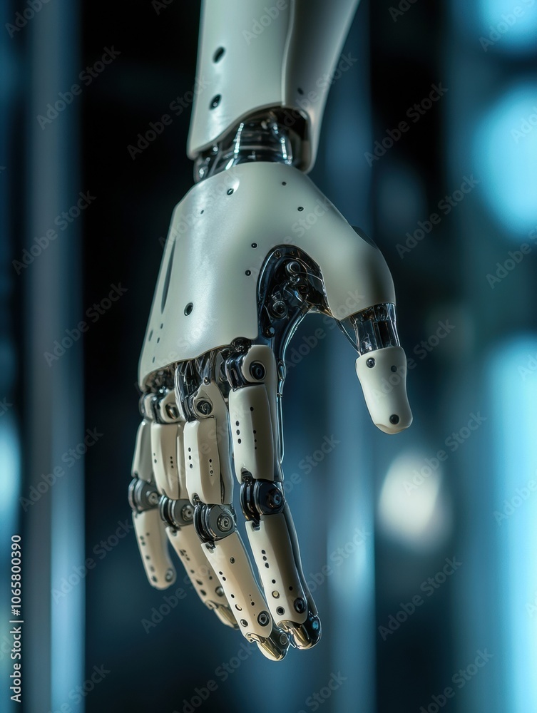 Poster a robotic prosthetic hand demonstrates its dexterity by grasping a small object, showcasing advanced