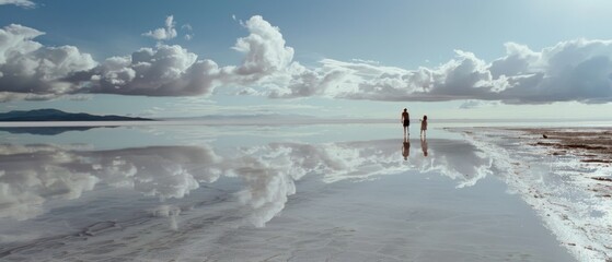 Obraz premium A vast salt flat mirrors the dramatic sky as two figures walk along, blending earth and sky in tranquil symmetry.