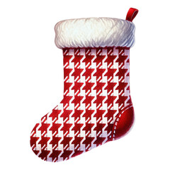 A festive red and transparent Christmas stocking with a houndstooth pattern and fluffy trim, perfect for holiday decor.